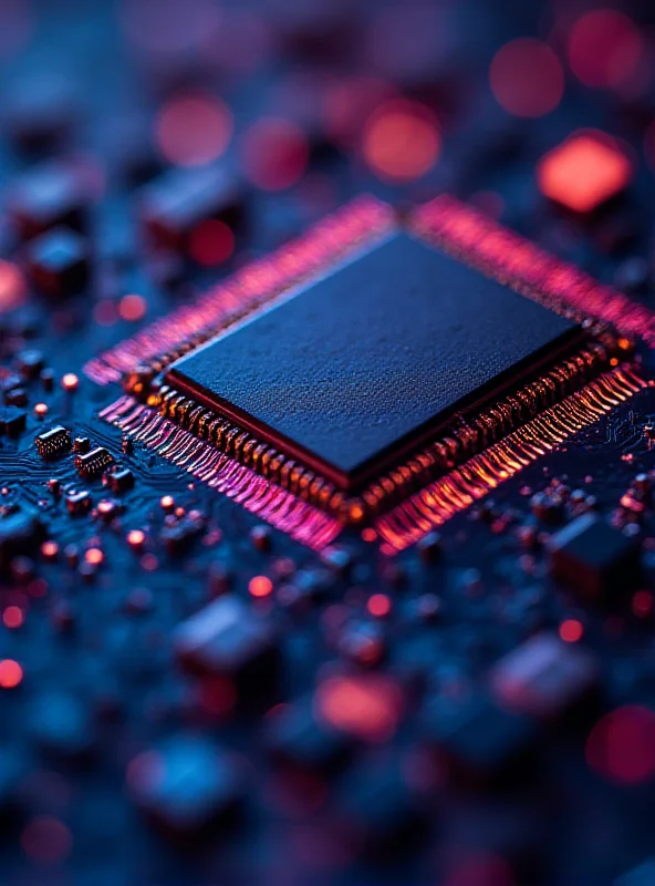 A close-up of a semiconductor chip with intricate circuitry.