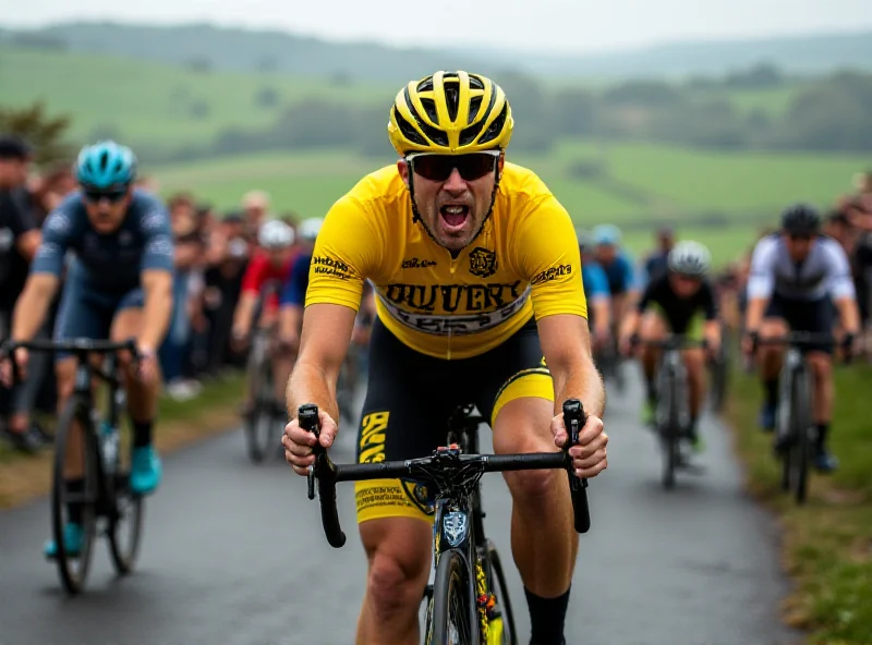 Derek Gee in the yellow jersey during O Gran Camiño, showcasing his determination.