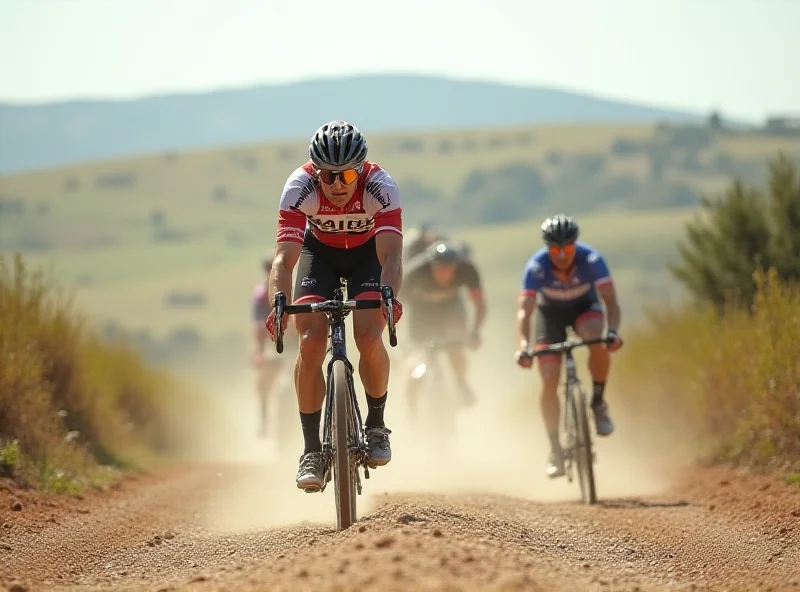 Tadej Pogacar racing on a gravel road during Strade Bianche