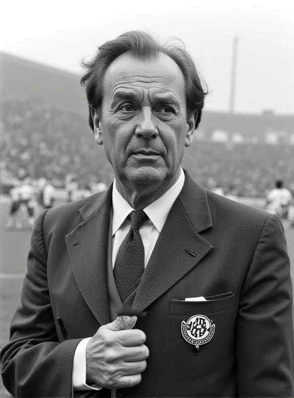 Black and white photo of Bruno Pizzul commentating on a soccer game