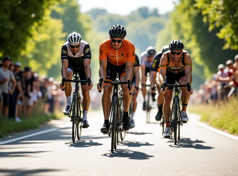 Cyclists competing in a road race, with a rider in the lead and other cyclists closely behind. The image conveys speed and competition.