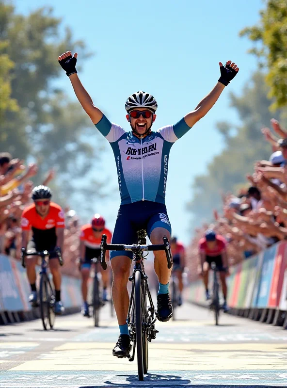 A cyclist celebrating a victory, raising their arms in the air with a backdrop of cheering crowds and race officials.