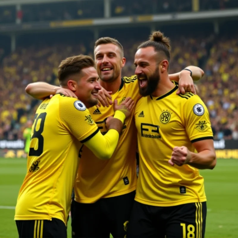 Borussia Dortmund players celebrating a goal during a football match. The players are in yellow and black jerseys, with the stadium blurred in the background.