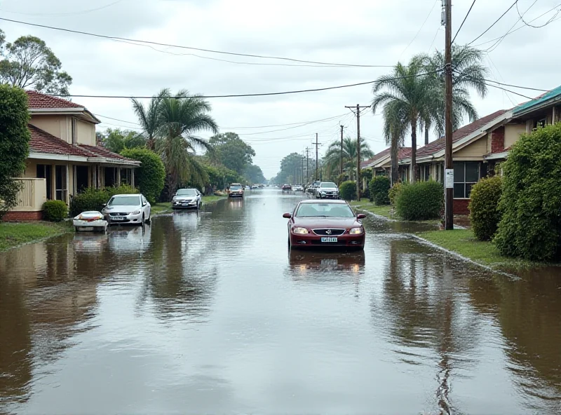 A flooded street in a coastal town, with cars partially submerged and residents wading through the water.