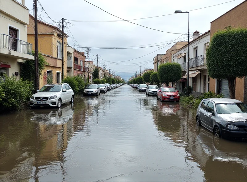 A street in Gran Canaria flooded with water, with damaged cars and buildings visible in the background.