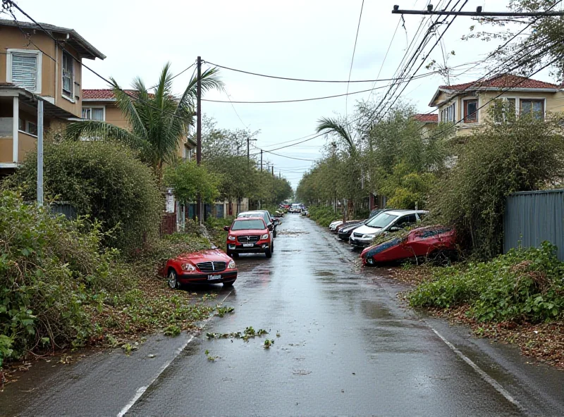 Damaged infrastructure and debris in a street on Réunion Island after Cyclone Garance.