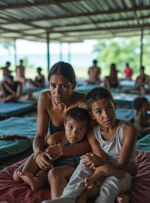 A family huddled together in an evacuation center on Réunion Island.