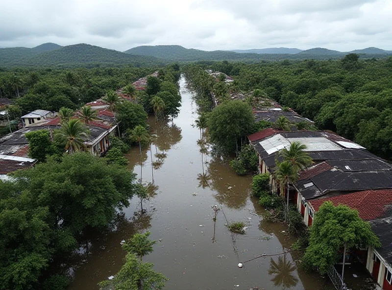 Aerial view of flooded streets and damaged buildings on Reunion Island after Cyclone Garance.