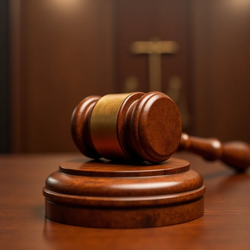 A gavel on a sound block in a courtroom setting.