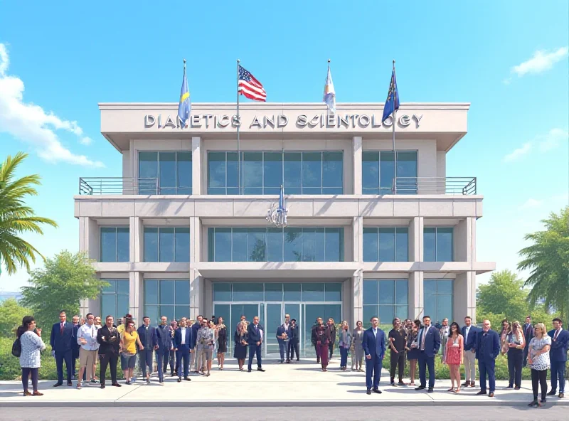 A modern, multi-story building with the words 'Dianetics and Scientology' prominently displayed on the facade. People are gathered outside for an opening ceremony, with flags and banners visible.