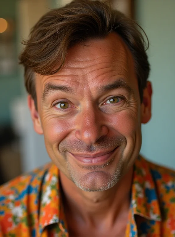 A close-up portrait of a man with a mischievous grin, wearing a brightly colored, patterned shirt. He has a slightly unkempt hairstyle and a playful expression in his eyes.