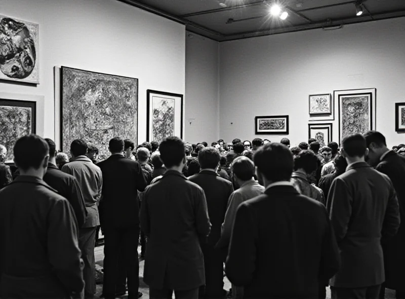 A black and white photograph of a crowded art exhibition from the 1930s. The artwork is primarily modern and abstract, and many people are looking at the art with expressions of confusion or disapproval. There are Nazi symbols visible on banners and signs.