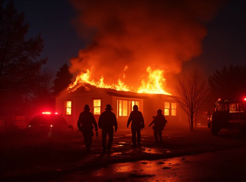 Exterior of a house engulfed in flames at night. Firefighters are present, battling the blaze.