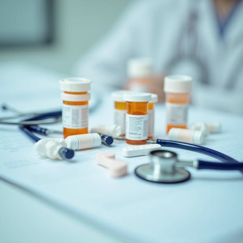 A close-up image of prescription bottles and a stethoscope on a doctor's desk.