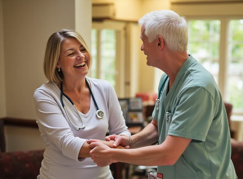 An elderly woman being cared for by a healthcare worker in a senior home.