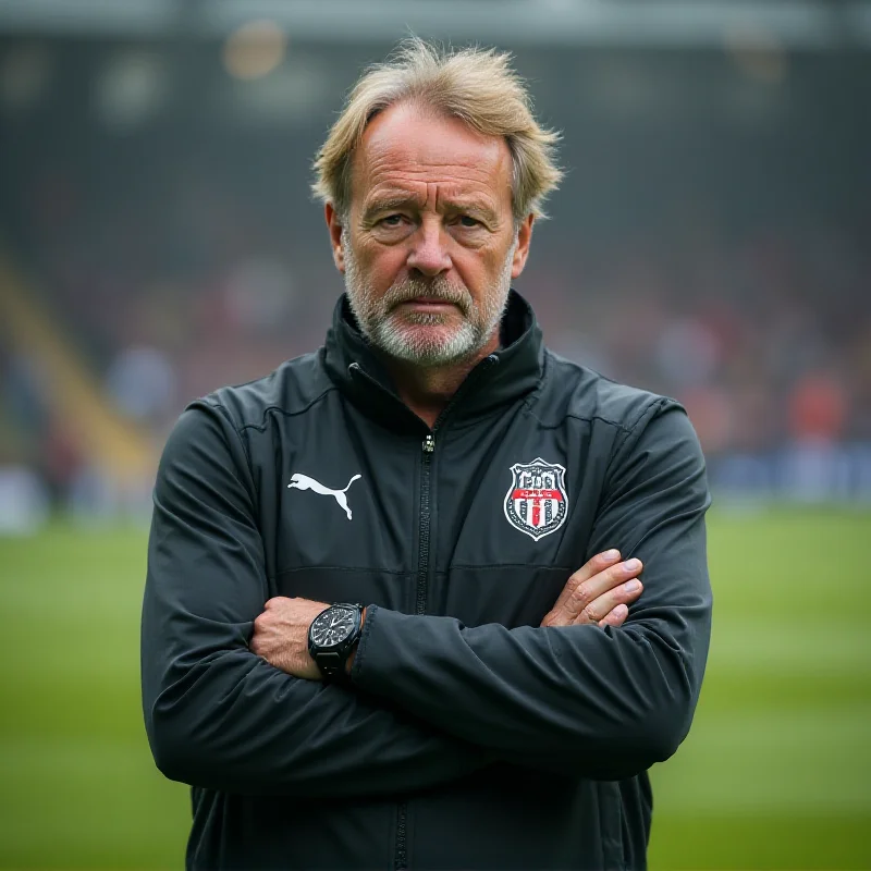 An older gentleman, Coach Zeman, standing on the sidelines during a soccer match. He is wearing a tracksuit and has a focused expression. The soccer field is visible in the background, with players in motion.