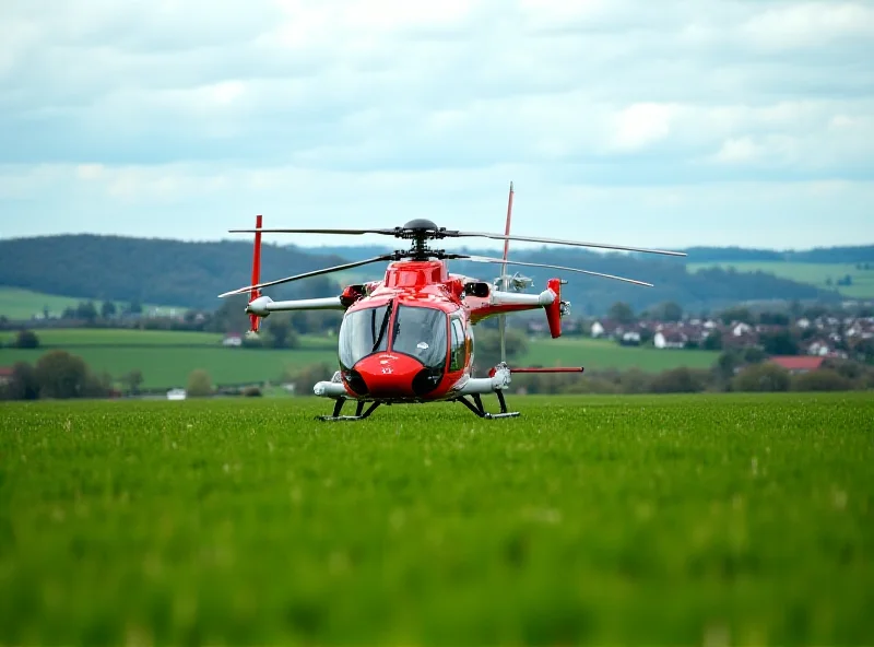 A modern air ambulance helicopter landing in a rural Czech landscape.