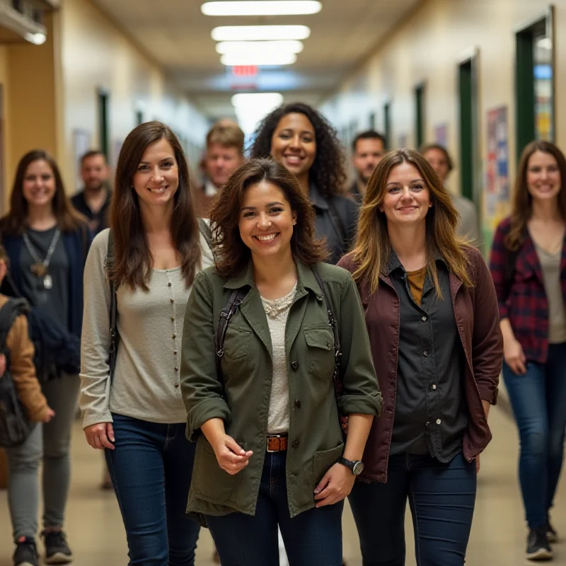 A diverse group of non-teaching staff members, including cafeteria workers, janitors, and administrative assistants, smiling and working in a school setting.