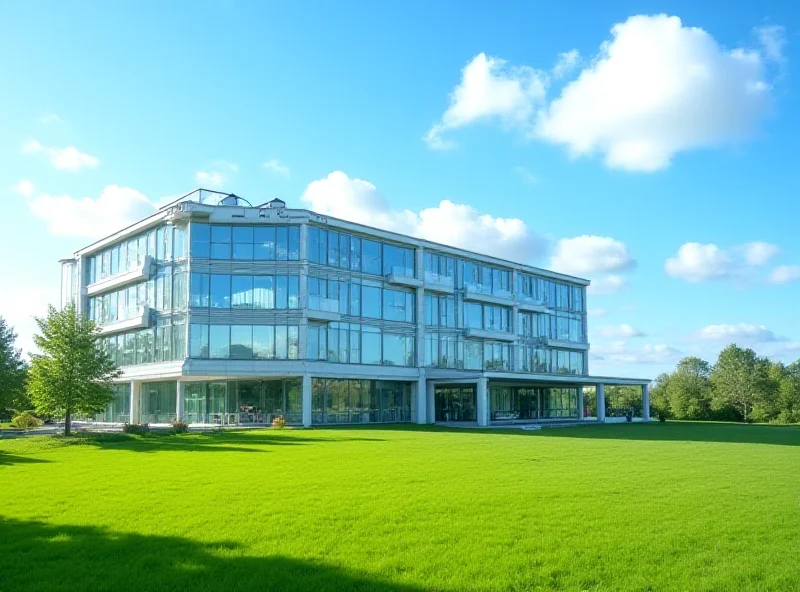 Exterior of a modern Czech hospital on a sunny day.