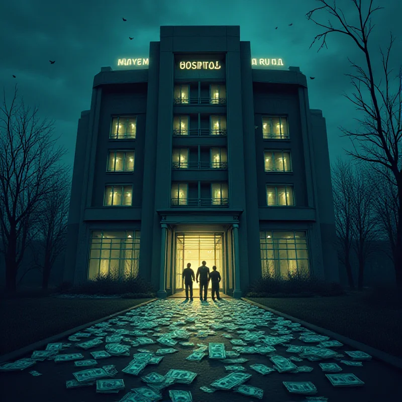 A stylized image representing a hospital intertwined with money and shadowy figures.