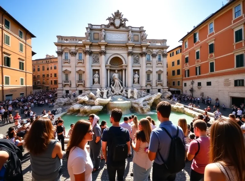 The Trevi Fountain in Rome with tourists in the background.