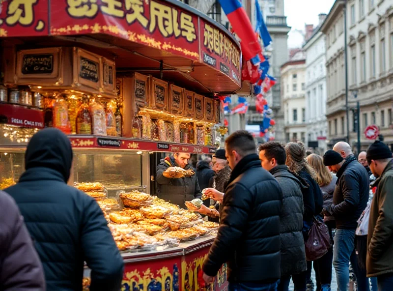 A food stall in Prague with a sign advertising cheap lunch options.