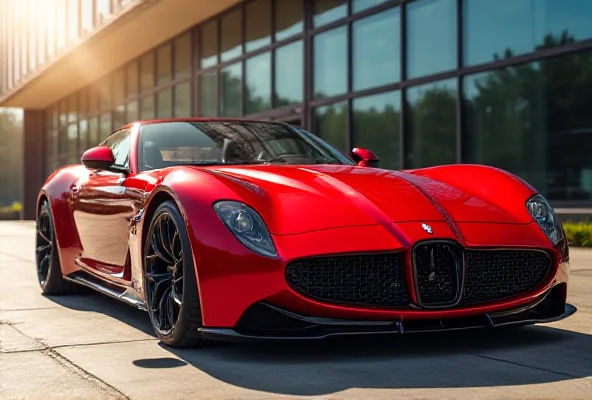 A sleek Maserati MC20 sports car parked in front of a modern building.