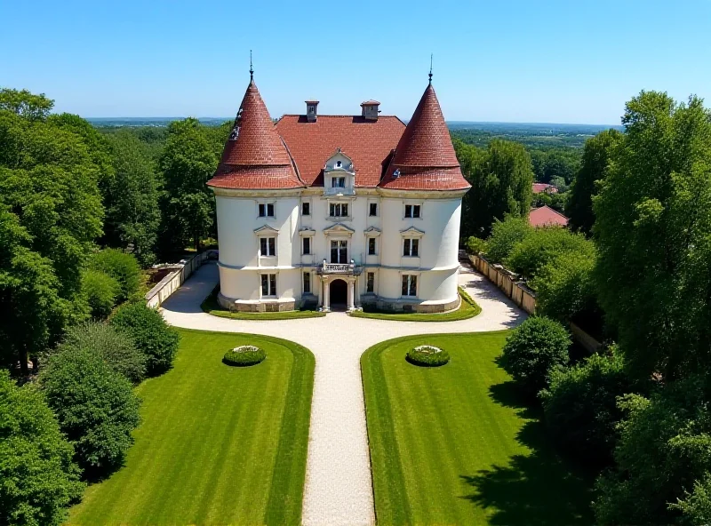 An aerial view of Štiřín Castle surrounded by green lawns and trees.