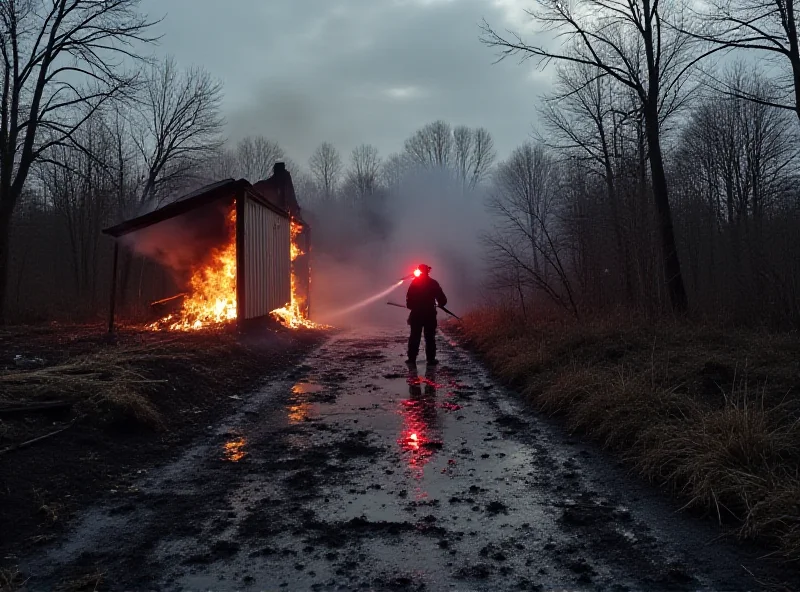 A burned-out homeless shelter with firefighters on the scene.