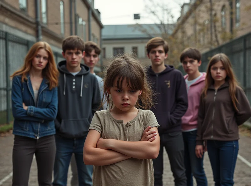 A group of teenagers standing around a younger child, looking menacing. The younger child looks distressed.