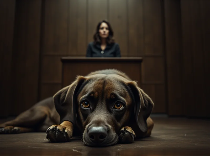 AI generated image of a courtroom scene with a blurry figure of a woman in the dock, with a sad-looking dog in the foreground.