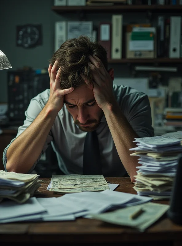 AI generated image of a frustrated office worker sitting at a desk piled high with papers, looking stressed and overwhelmed, with a small paycheck in their hand.