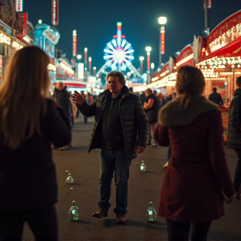 AI generated image of a chaotic fairground scene at night, with blurry figures of people arguing and gesturing wildly, with flashing lights and carnival rides in the background. Focus on two women visibly upset and a man confronting them.