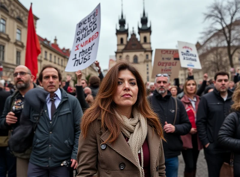 A group of protestors holding signs and banners expressing their dissatisfaction with government policies and the handling of the pandemic in a bustling city square in Prague. The atmosphere is tense but determined, with a mix of ages and backgrounds represented in the crowd.