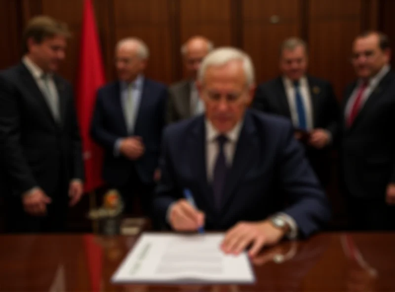 President Petr Pavel signing a document at a formal desk in his office. The Czech flag is visible behind him, and several advisors or government officials are standing nearby observing the signing ceremony.