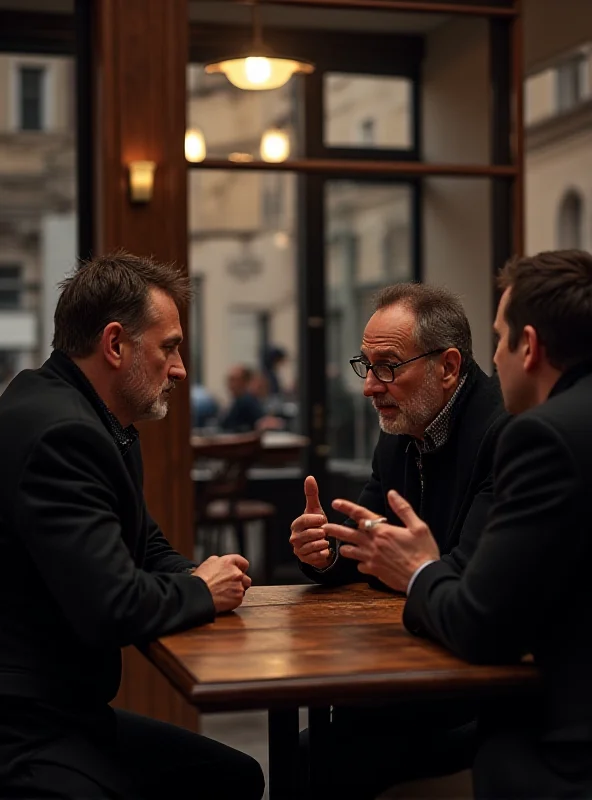 People sitting at cafe table, talking and gesturing animatedly, in Prague. The ANO leaders are present.