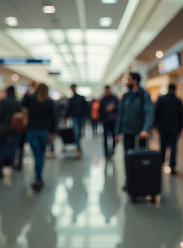 A blurred image of people walking through an airport or train station, symbolizing migration.