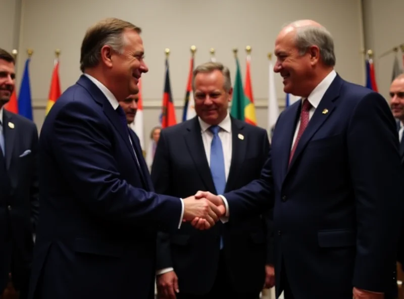 A group of politicians shaking hands at a diplomatic meeting, with flags of different countries in the background.