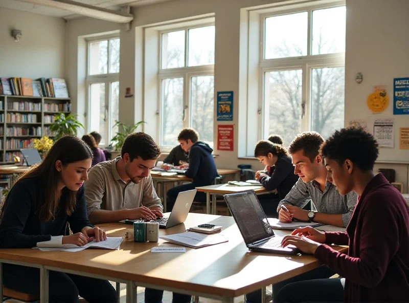 A group of diverse Czech students studying at a gymnasium, sunlight streaming through the windows.