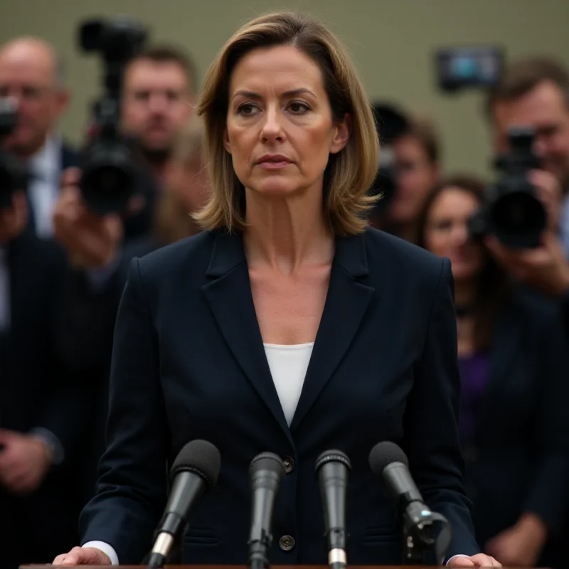 A photo of a female politician speaking at a press conference with a determined expression.