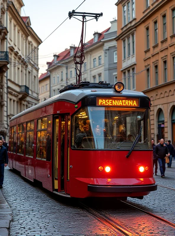 A modern tram in Prague with passengers inside.