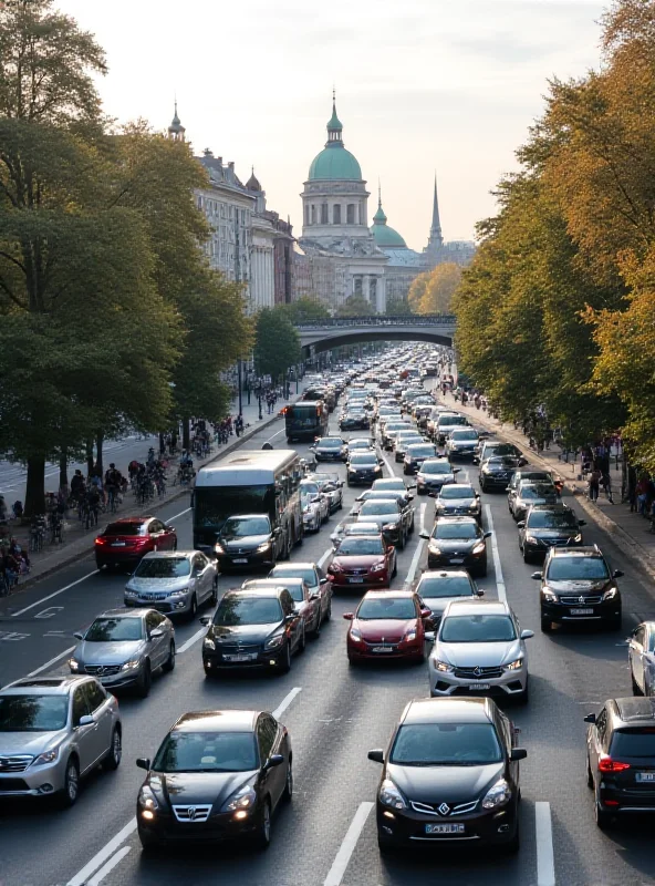 A busy road with traffic and cyclists.