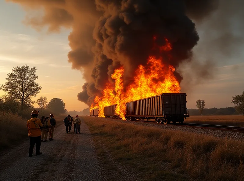 A freight train engulfed in flames with firefighters battling the blaze.