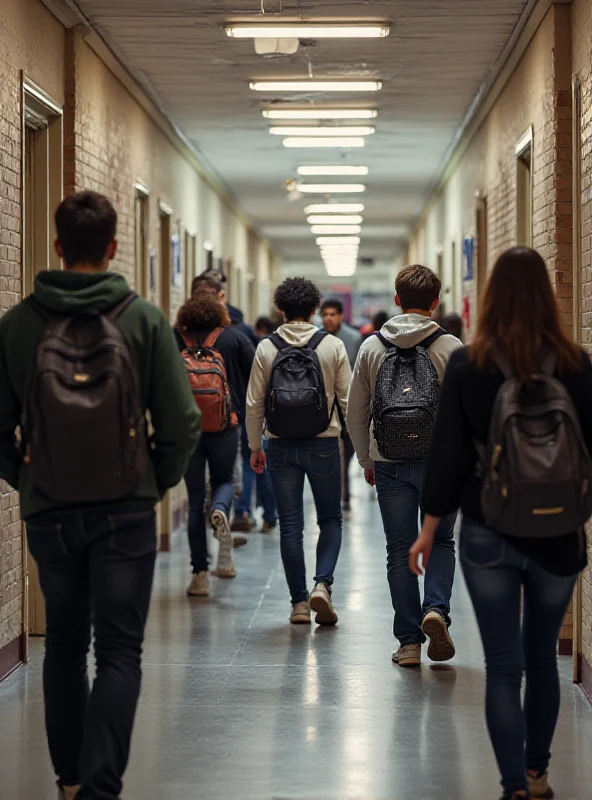 A bustling high school hallway with students walking to class, carrying books and backpacks, symbolizing the high school application process.