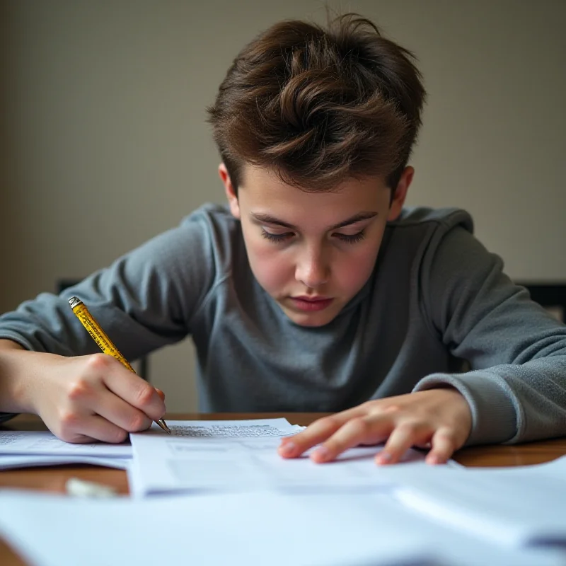 Close-up shot of a student confidently taking a high school entrance exam, with a focus on the test paper and the student's focused expression.