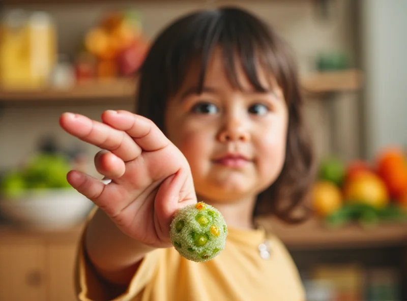 A young child reaching for an unhealthy snack with fruits and vegetables in the background