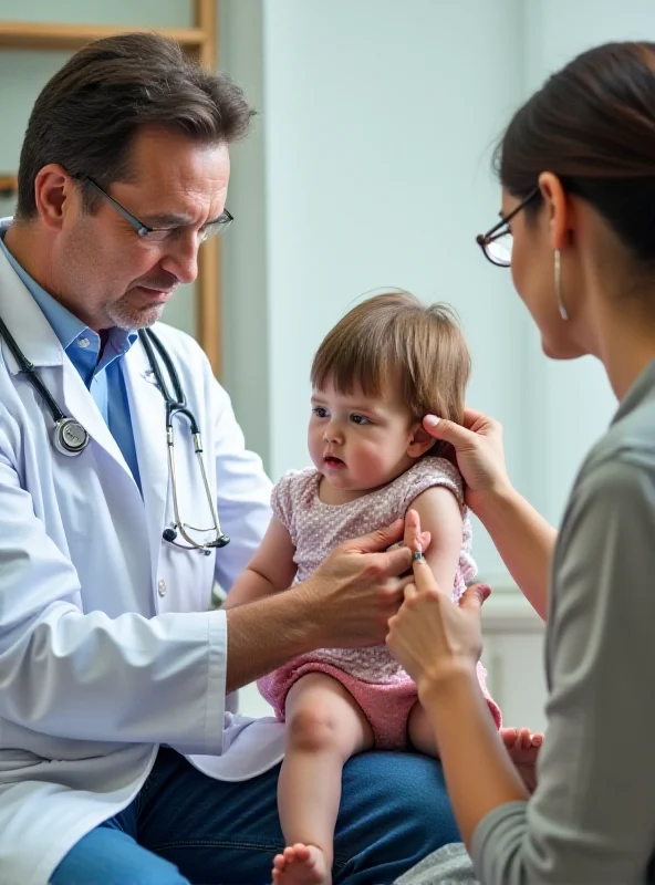 A doctor administering a vaccine to a young child with the parent looking on with concern