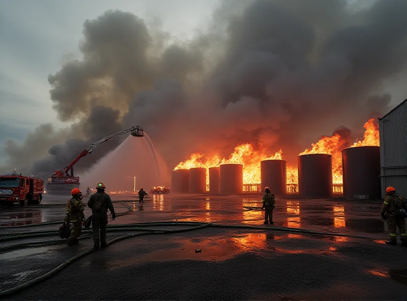 Firefighters battling a large fire at a cistern site.