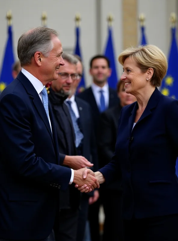 Volodymyr Zelenskyy shaking hands with Ursula von der Leyen in Brussels.