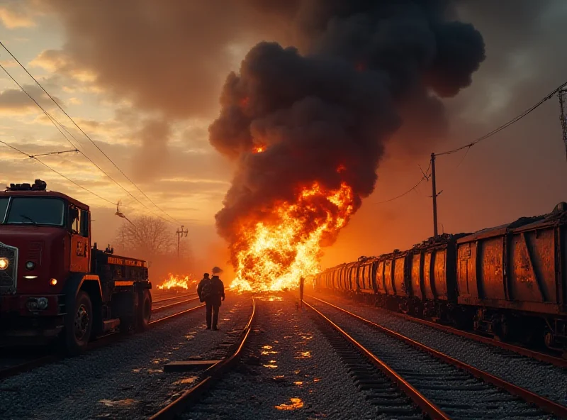 Firefighters battling a large train fire at a train station with thick black smoke billowing into the sky.